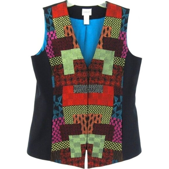 Chicos Embroidered Patchwork Vest Size S Art To Wear Boho Pockets Multicolor - Picture 1 of 13